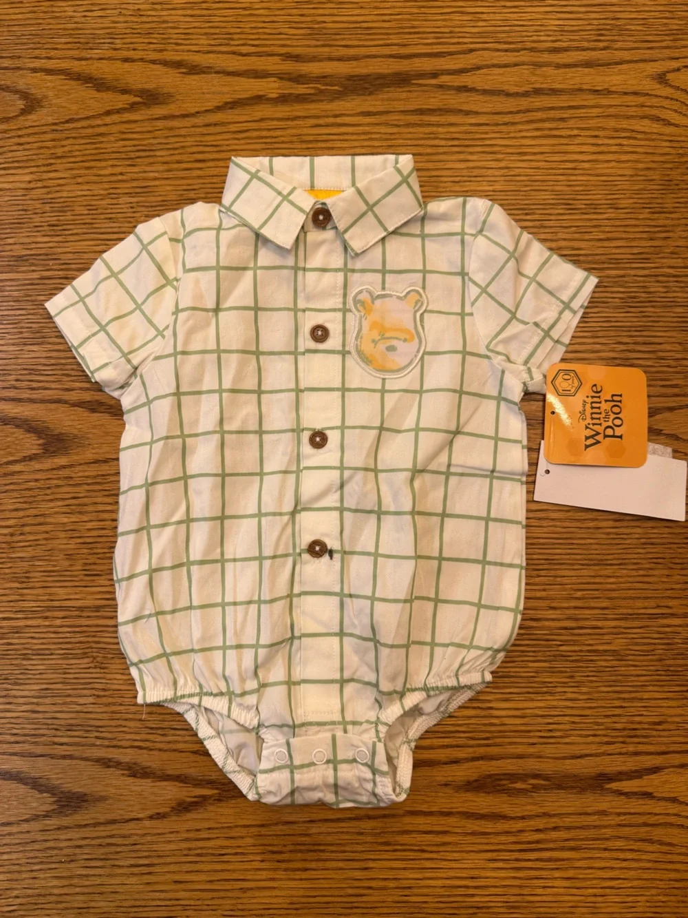 Disney Cream and Light Green Windowpane Winnie the Pooh Baby Shirt